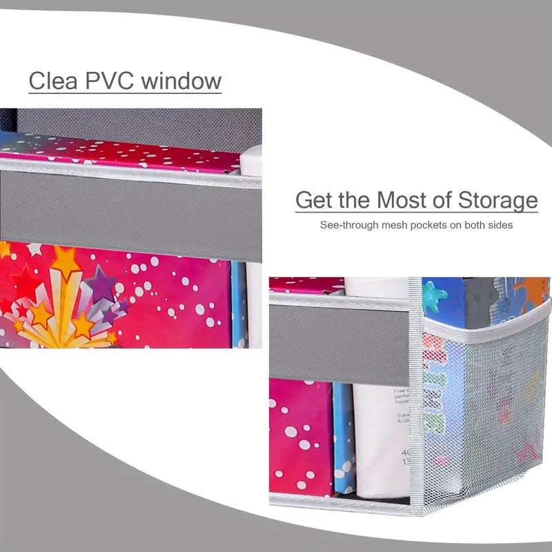 Light gray 5-shelf over-the-door organizer with 10 large side pockets hanging on a white door — view 4