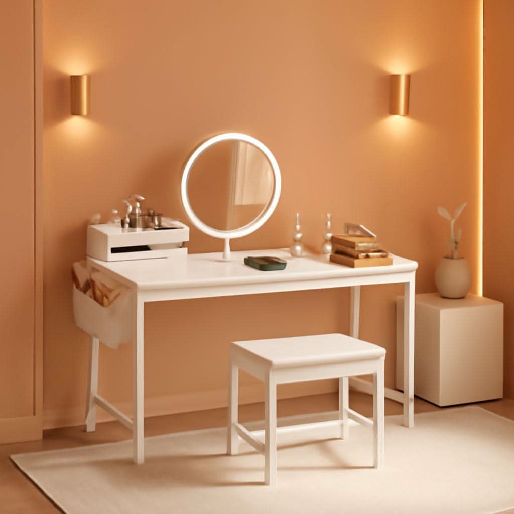 47-inch white vanity desk with round LED lighted mirror, storage pocket, and PU-padded stool