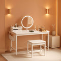 47-inch white vanity desk with round LED lighted mirror, storage pocket, and PU-padded stool