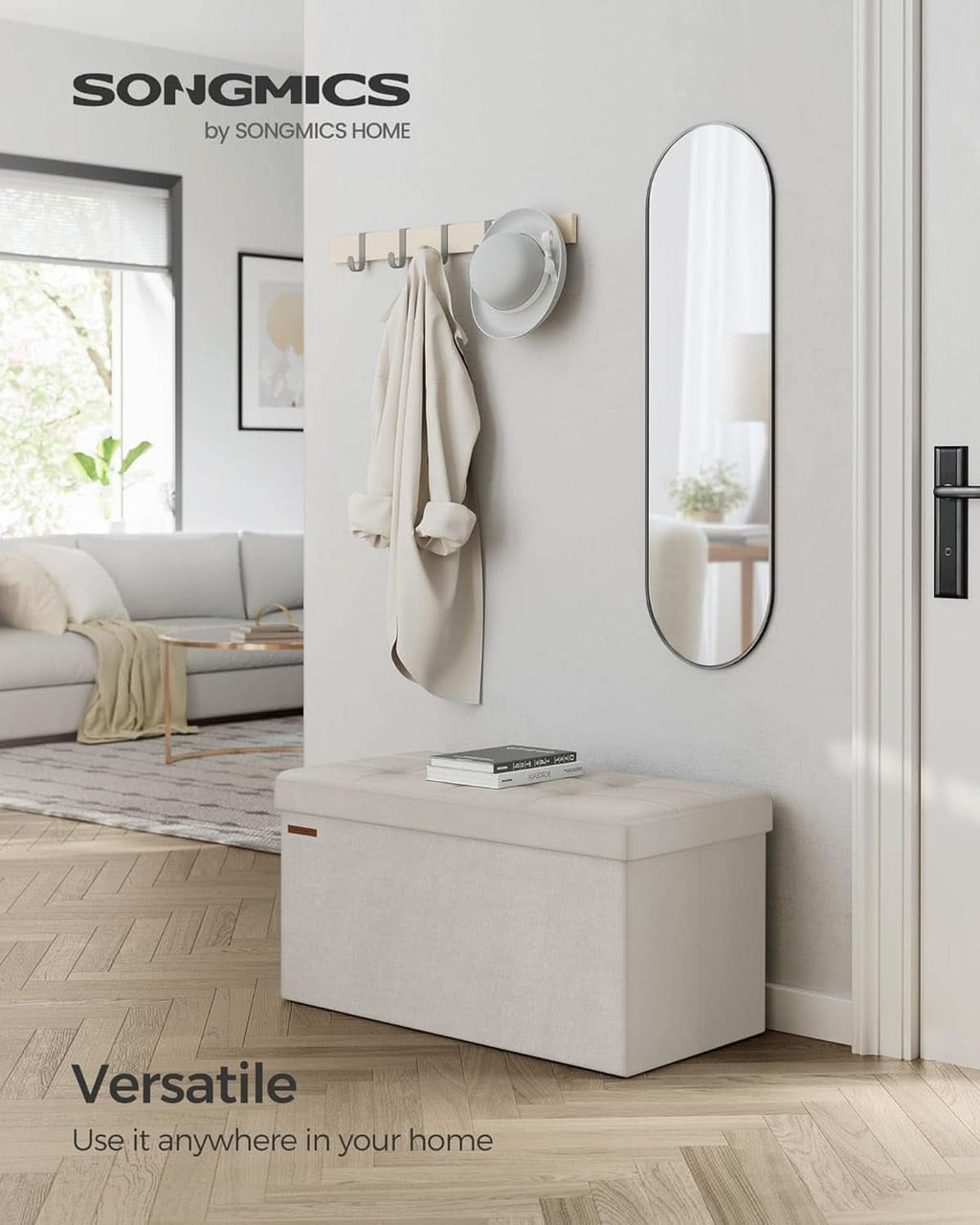 Cream white velvet foldable storage ottoman bench with tufted lid and spacious internal storage compartment — view 3