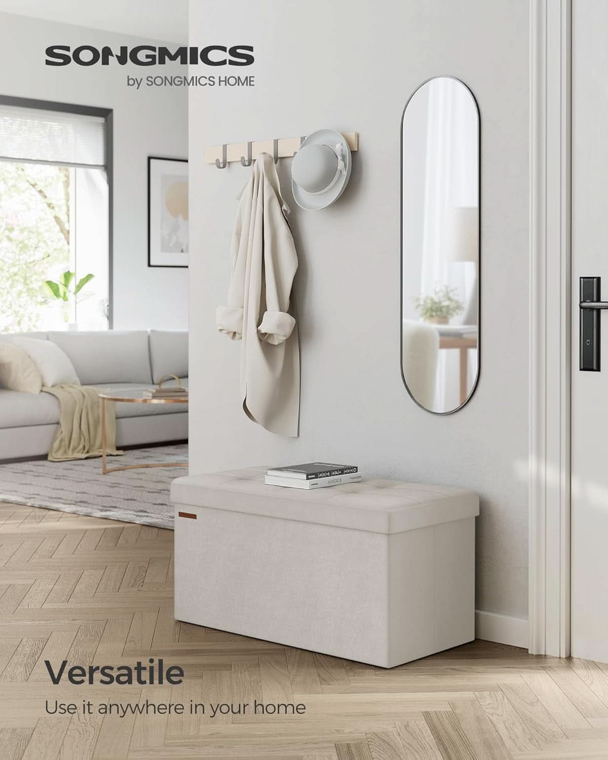 Cream white velvet foldable storage ottoman bench with tufted lid and spacious internal storage compartment — view 3
