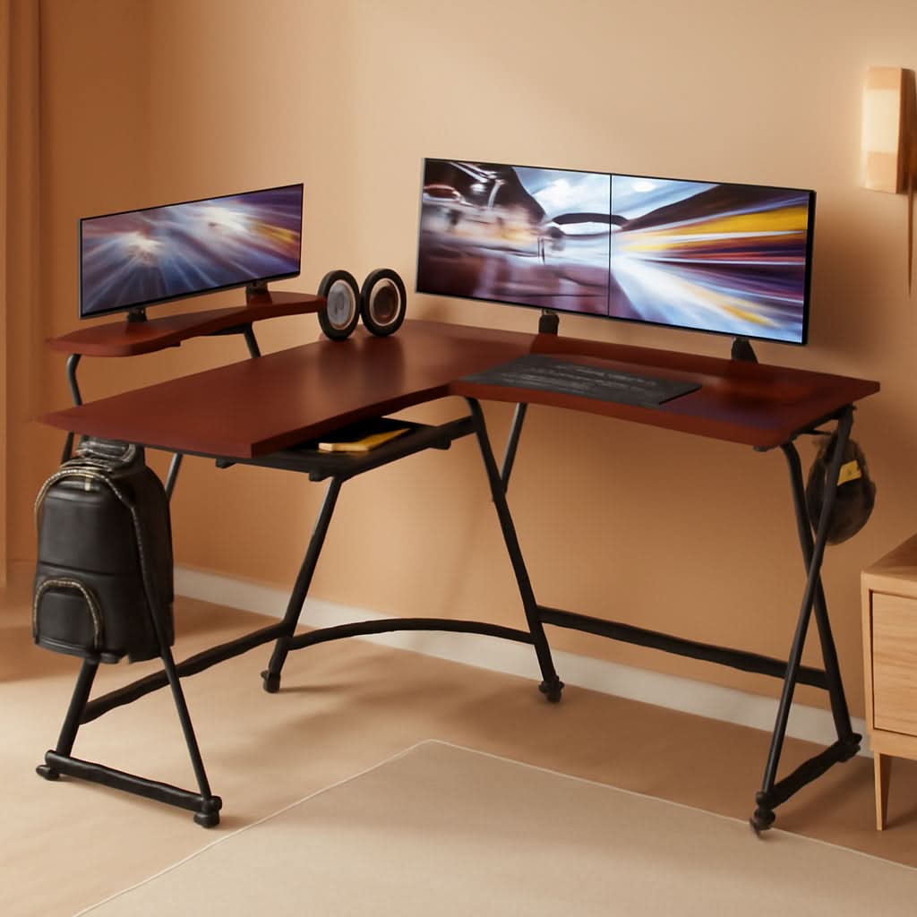 Vista cherry L-shaped corner computer desk with adjustable monitor stand and steel Z-shaped legs