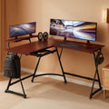 Vista cherry L-shaped corner computer desk with adjustable monitor stand and steel Z-shaped legs