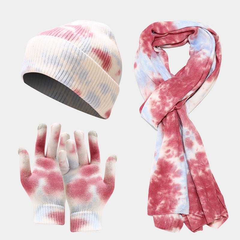Tie-dye knitted winter hat gloves scarf set in colorful striped core spun polyester yarn