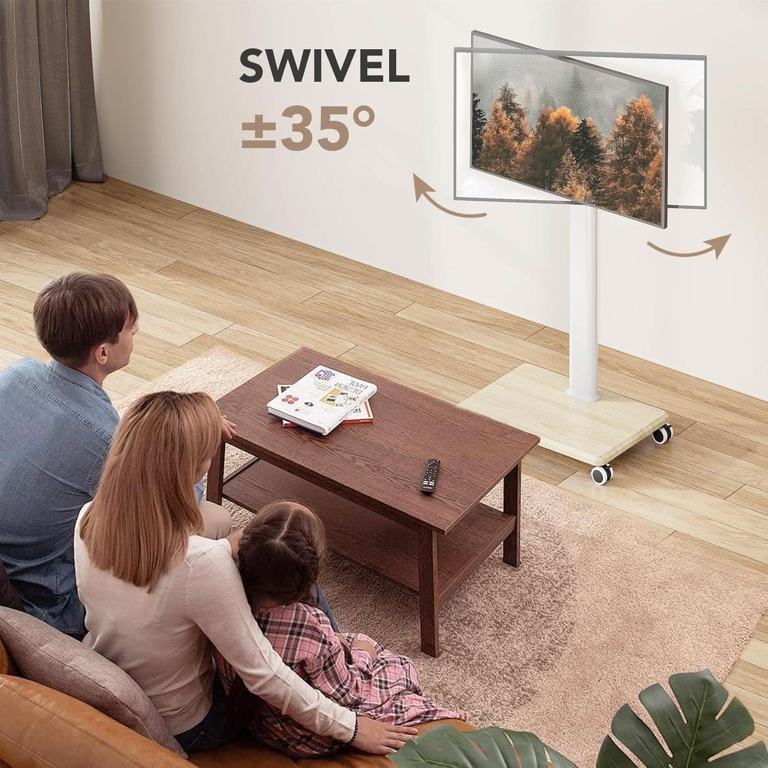 Mobile TV cart on wheels holding a flat screen television with a wood grain base — view 2