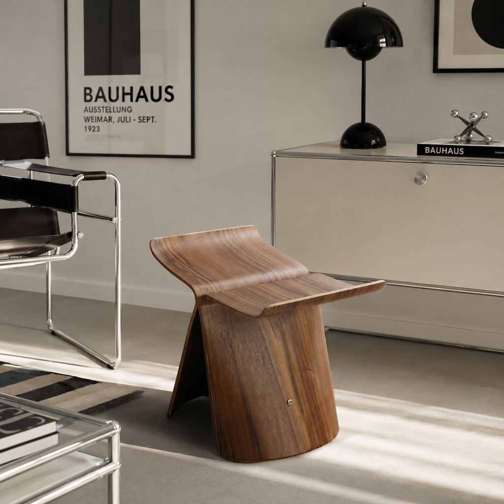 Sculptural wooden accent chair and multifunctional stool with a modern curved silhouette and natural grain finish — view 3
