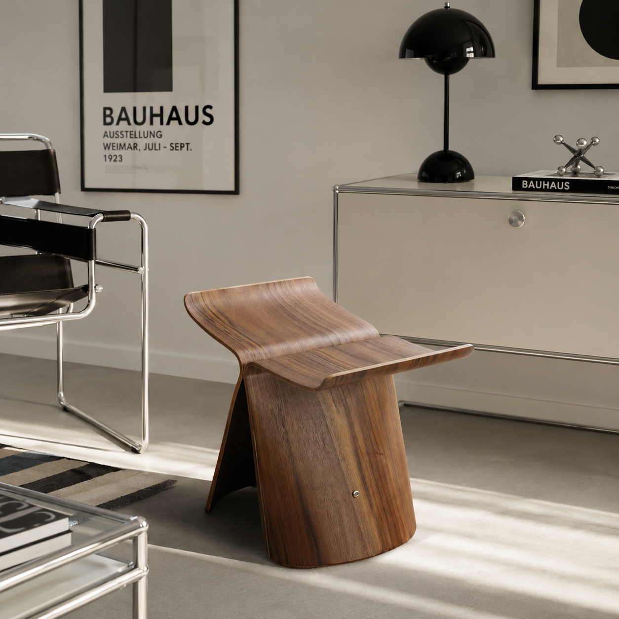 Sculptural wooden accent chair and multifunctional stool with a modern curved silhouette and natural grain finish — view 3