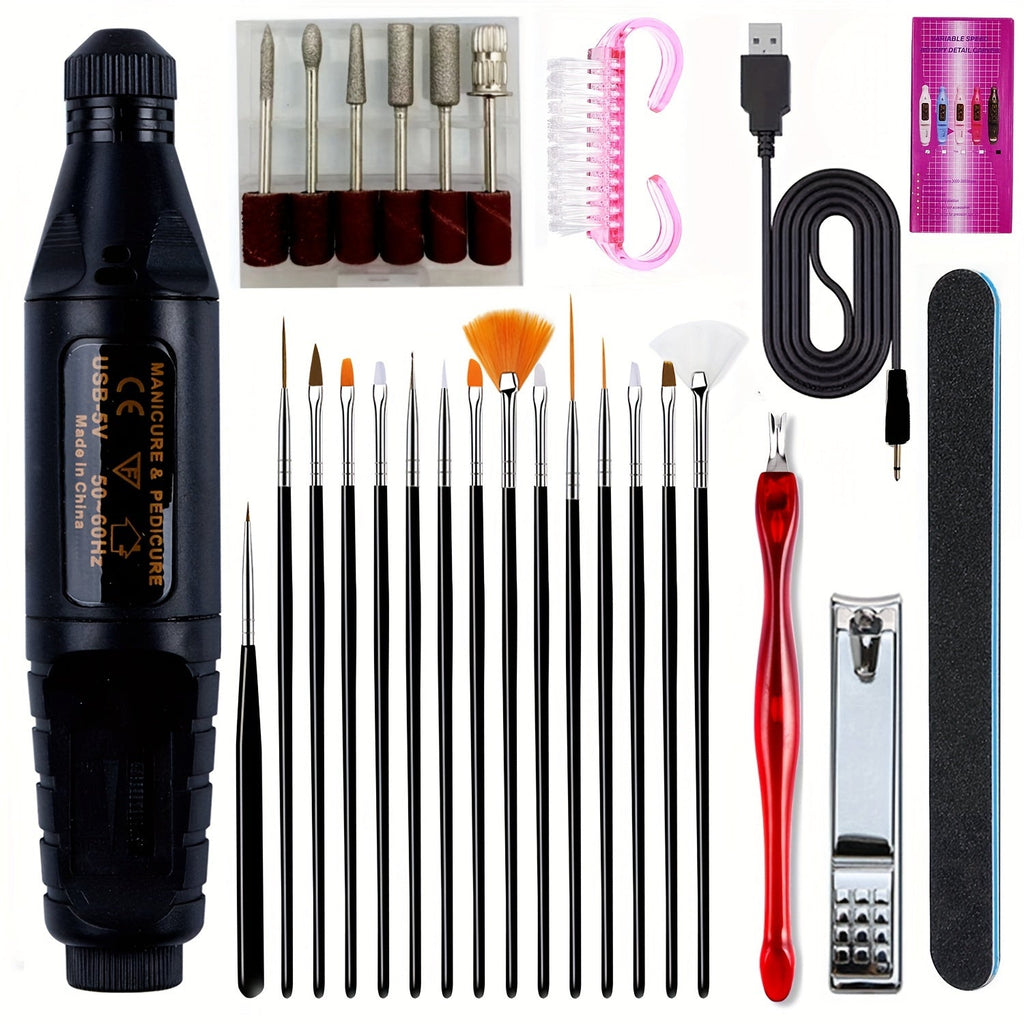 Electric nail drill kit in black with USB power cable for gel and acrylic removal