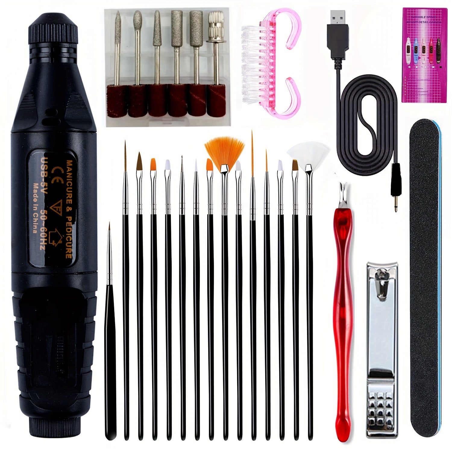 Electric nail drill kit in black with USB power cable for gel and acrylic removal