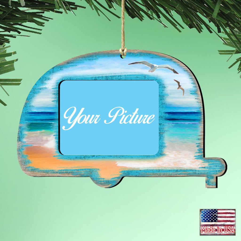 Handcrafted wooden coastal camper picture frame ornament holding a photograph for holiday tree decoration