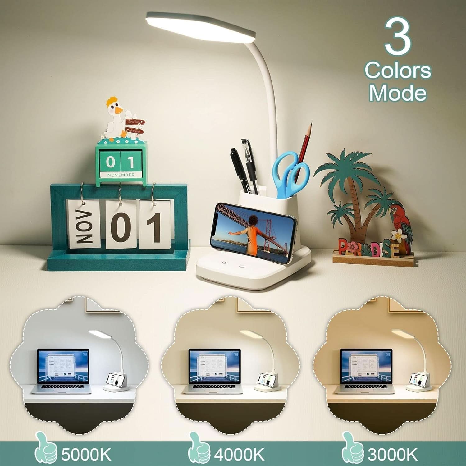 White LED desk lamp with built-in wireless charger pen holder and flexible gooseneck for office organization — view 3