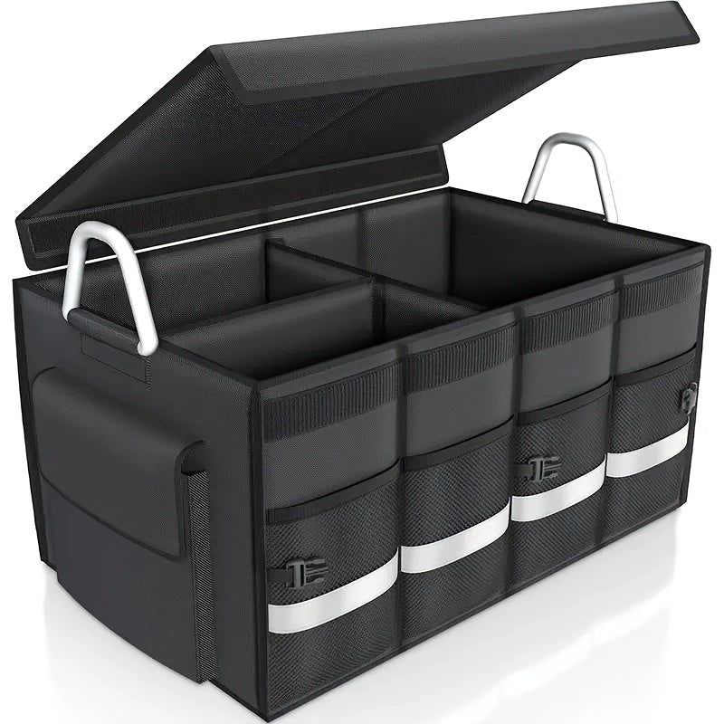 Folding car trunk organizer in black Oxford fabric with multiple storage compartments for vehicle accessories