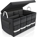 Folding car trunk organizer in black Oxford fabric with multiple storage compartments for vehicle accessories