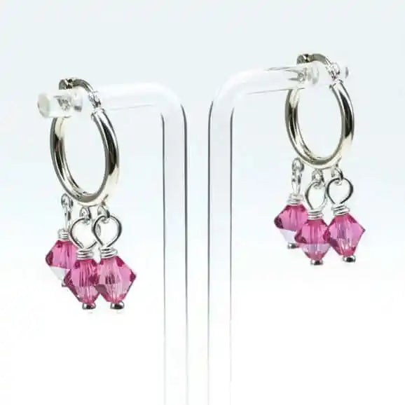 Mini Sterling Silver Hoop Pink Crystal Dangle Earrings-0
