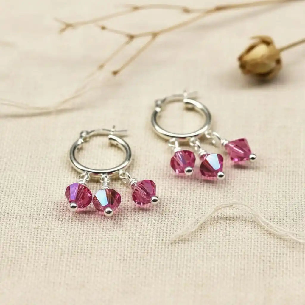 Mini Sterling Silver Hoop Pink Crystal Dangle Earrings-3