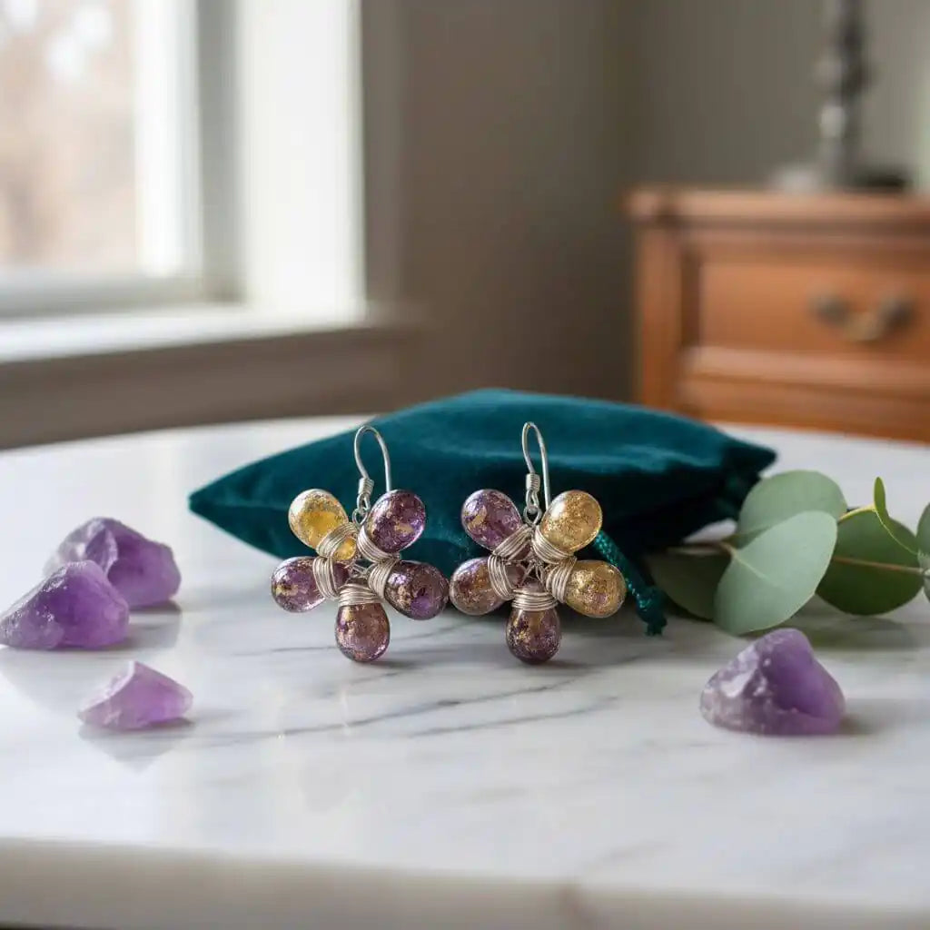 Purple and Yellow Flower Sterling Silver Earrings-2