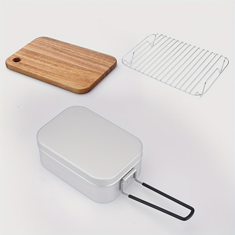 Square aluminum lunch box set with wooden cutting board lid, steamer rack, and built-in handle — view 2