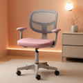 Pink ergonomic kids desk chair with breathable mesh back, adjustable height, armrests, and rolling casters