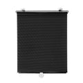 Black PVC retractable front windshield sun shade visor with suction cups mounted in car interior