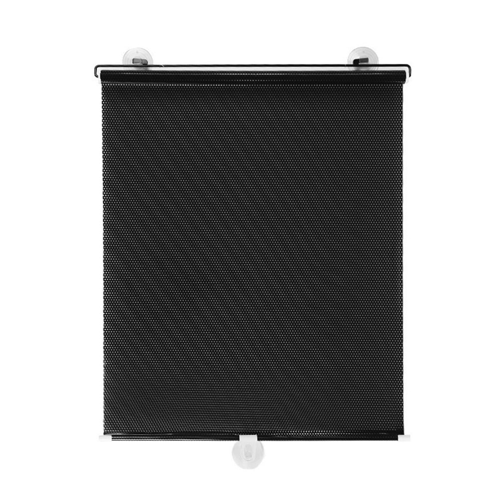 Black PVC retractable front windshield sun shade visor with suction cups mounted in car interior