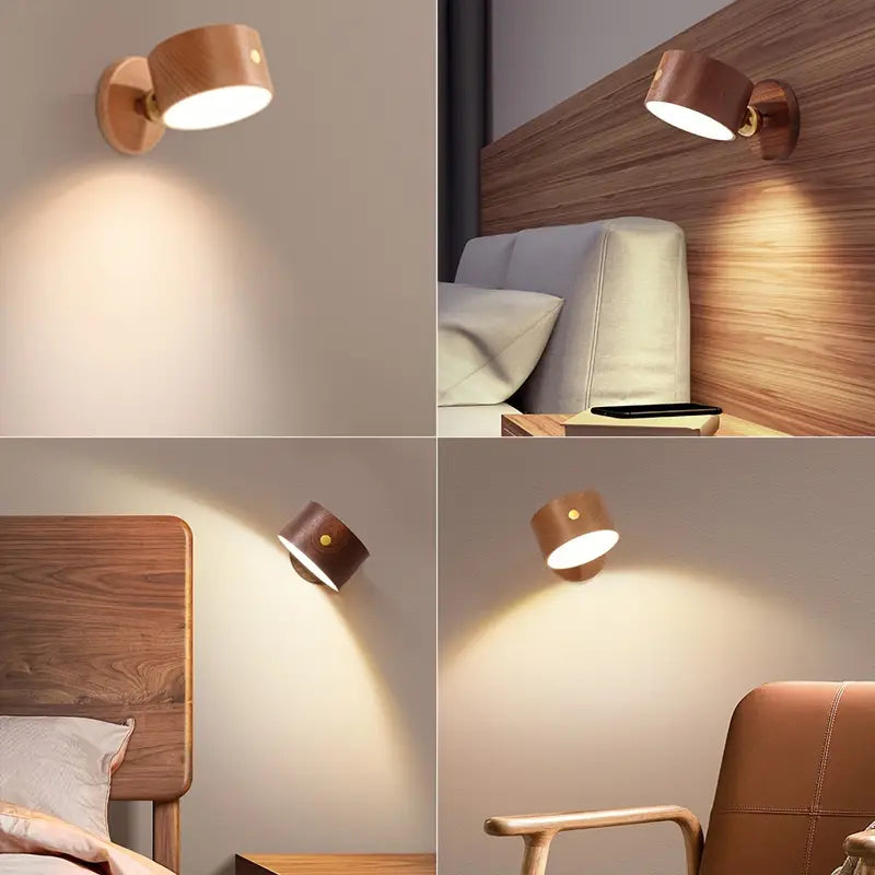 Wireless Sapele wood bedroom reading lamp with 360-degree rotating magnetic base and dimmable LED light — view 3