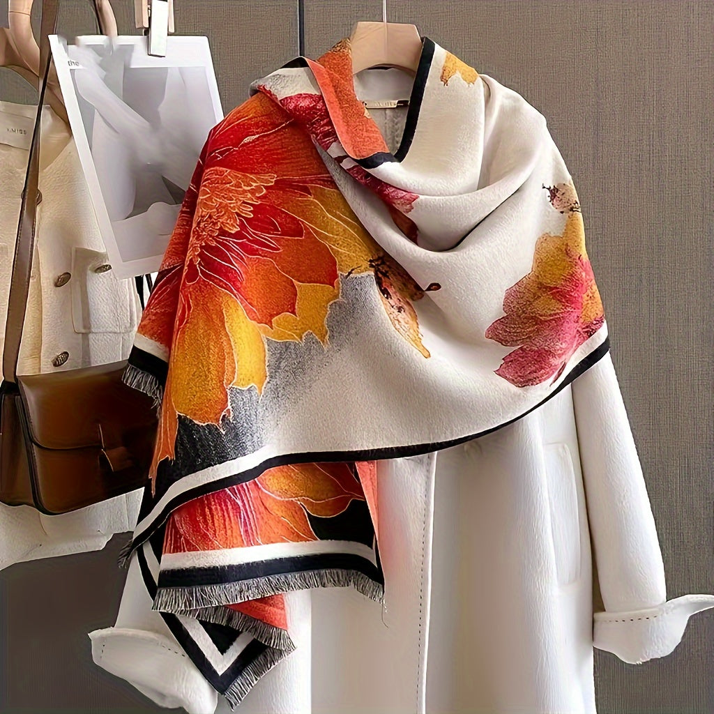 Women's orange botanical print winter scarf shawl wrap made of woven polyester — view 3