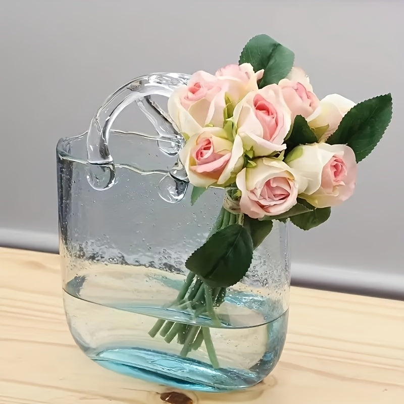 Clear transparent glass handbag vase doubling as a desktop fish tank and decorative hydroponic plant container — view 5