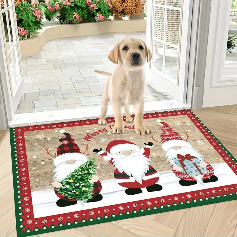 Festive red and green polka dot Merry Christmas kitchen rug featuring a Santa Claus design — view 5