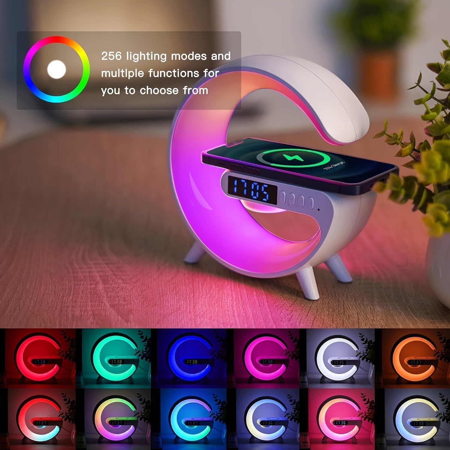 White wireless Bluetooth speaker with RGB rhythm light and fast charging base on a tabletop — view 5
