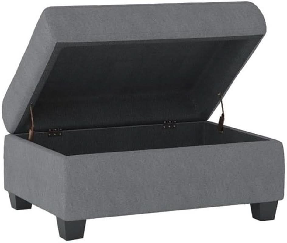 Dark gray microfiber storage ottoman with tufted top and faux wood feet — view 3