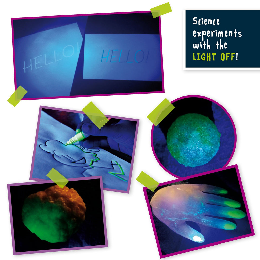 Glow in the dark science kit box with bright green liquids test tubes and experiment tools — view 5