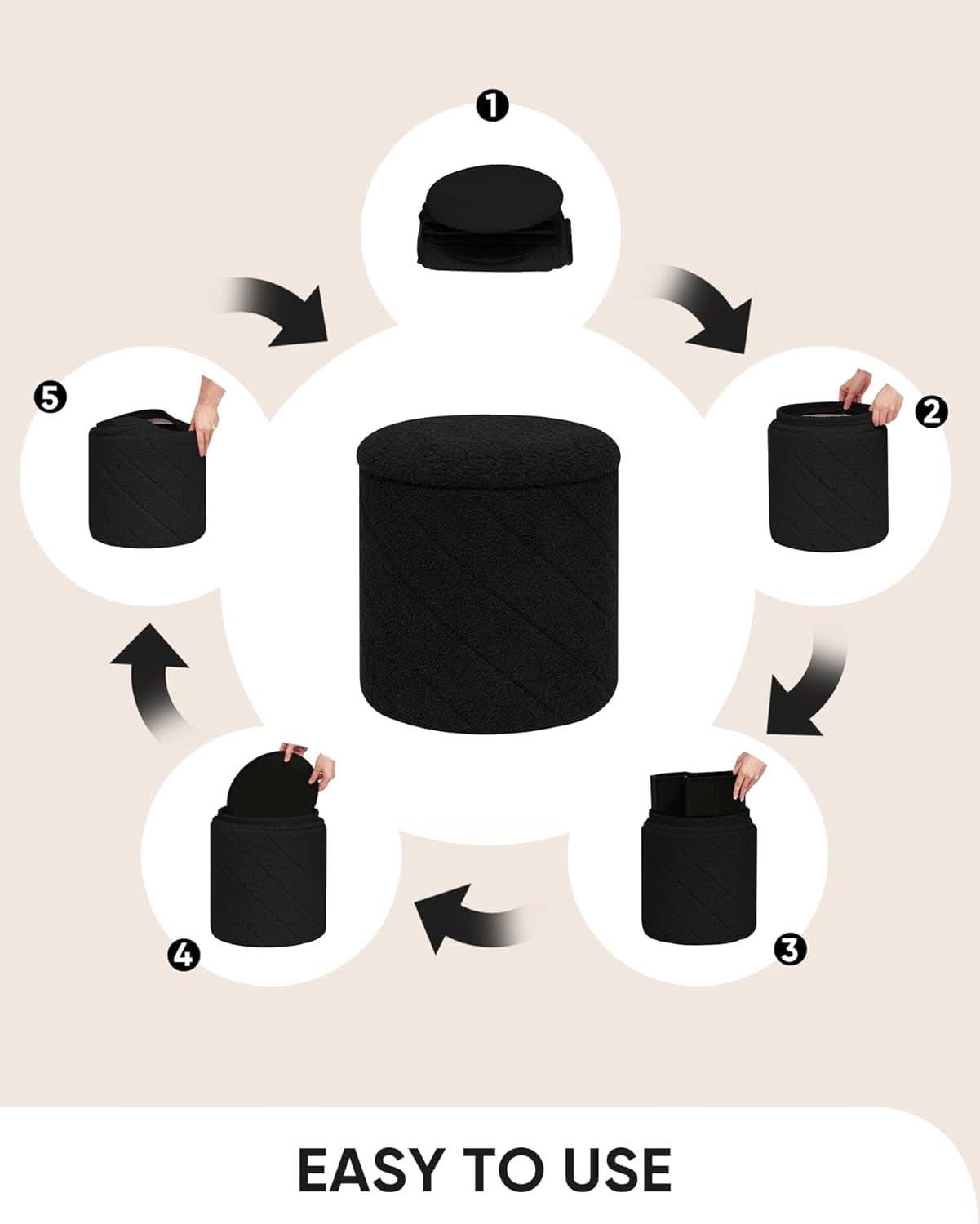 Black teddy boucle round storage ottoman with a wooden tray lid and hidden internal compartment — view 5