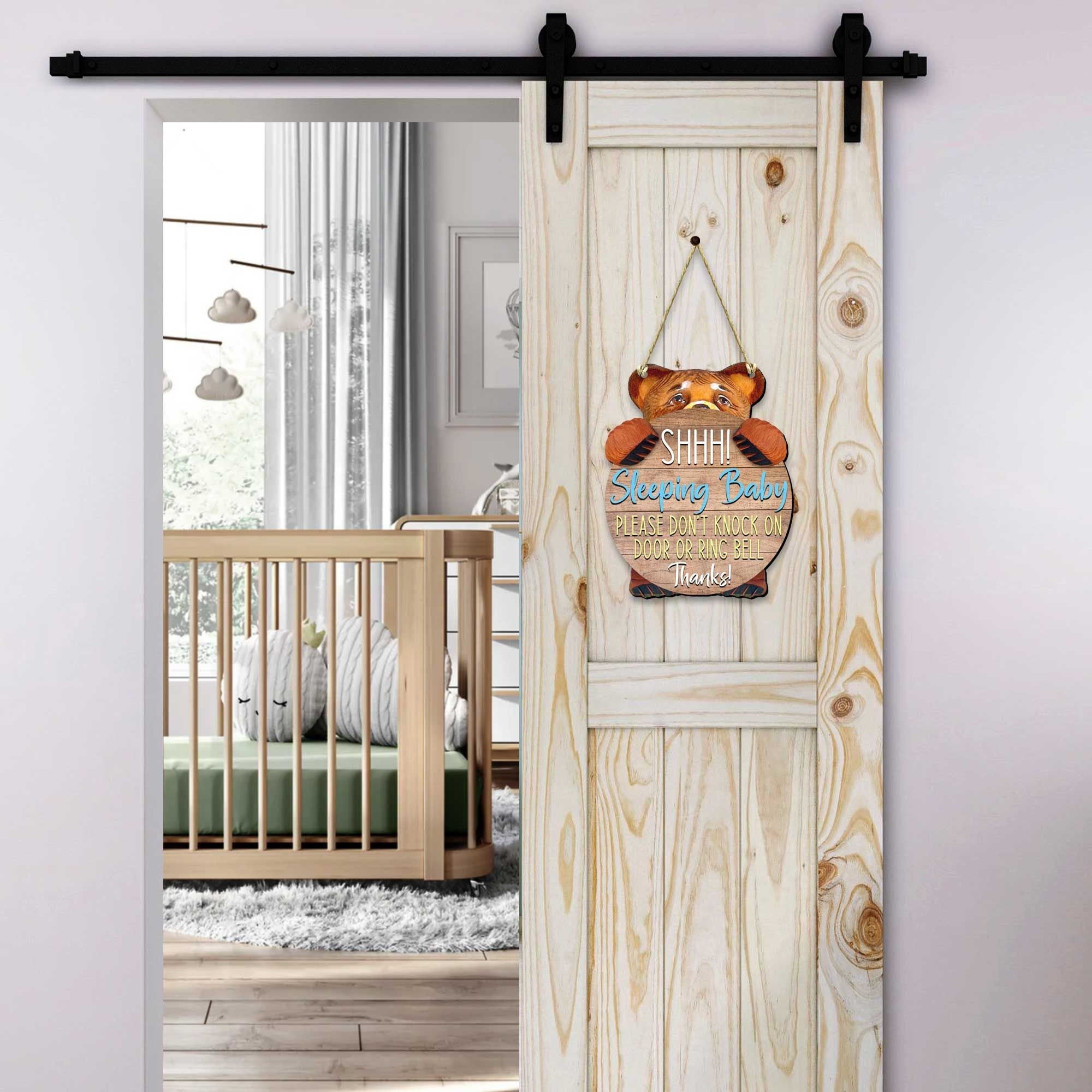 Handcrafted weather-resistant baby sleeping do not knock sign with hanging rope for front door — view 5