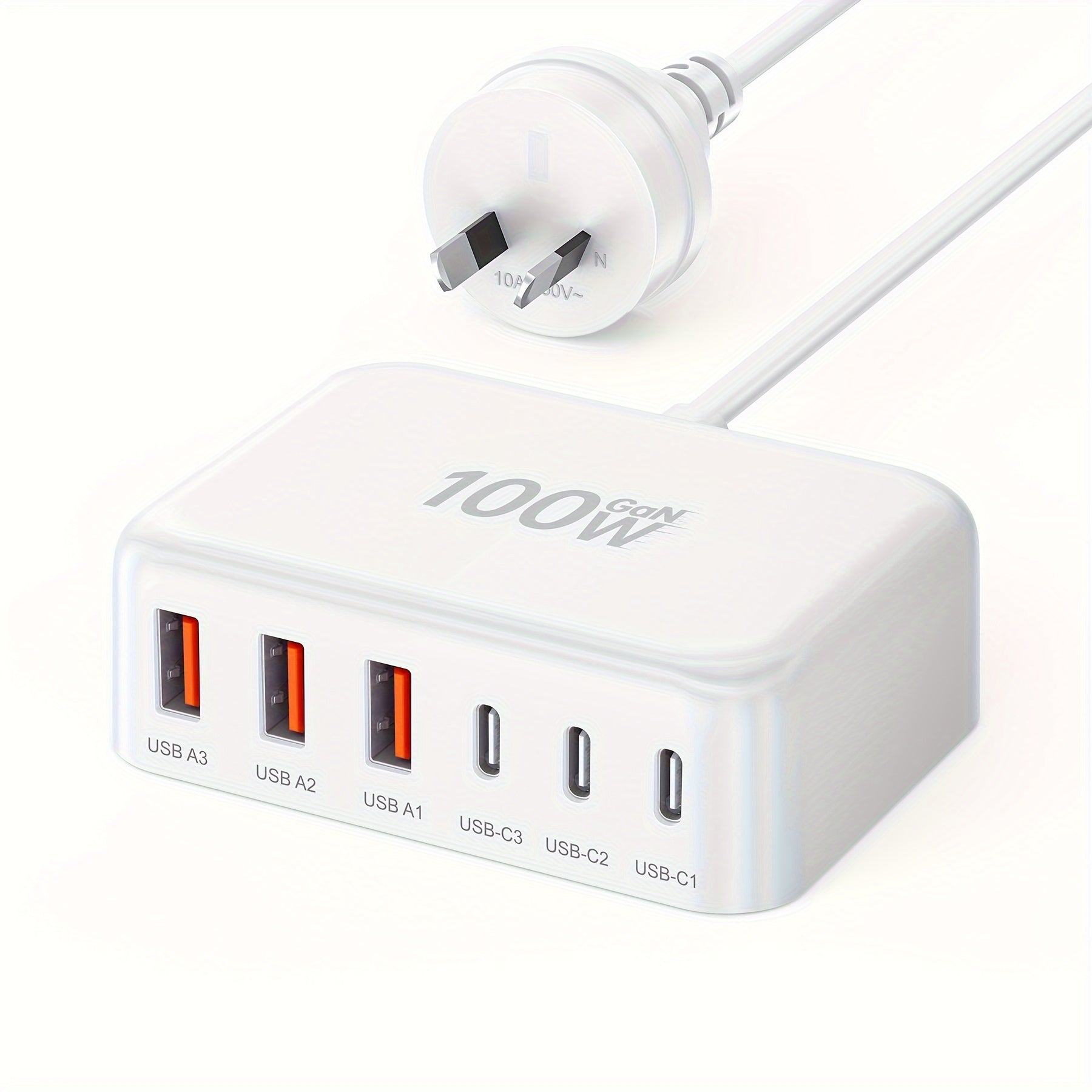 100W 6-port USB-C fast charger showing three Type-C and three USB-A connection slots for devices