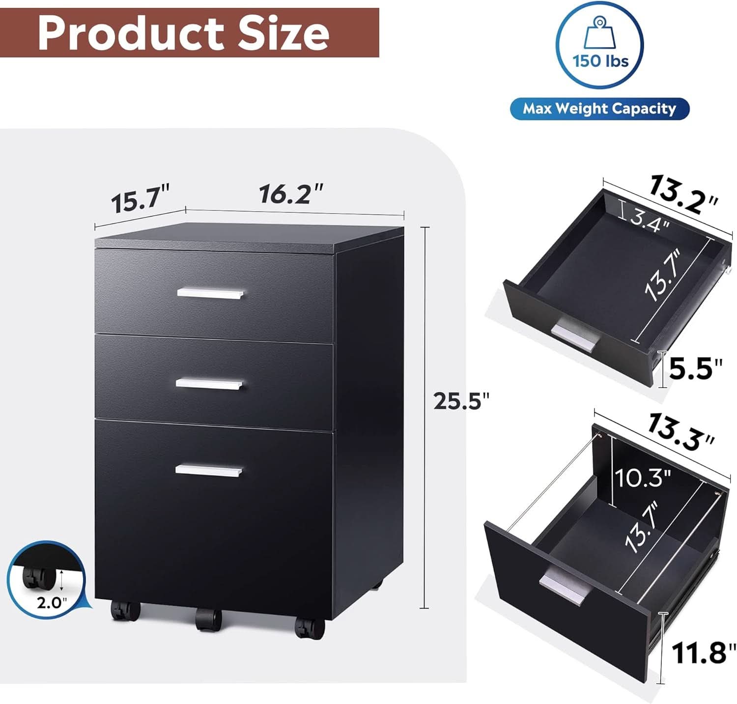 Black wood three drawer mobile file cabinet with rolling casters for home office organization — view 3