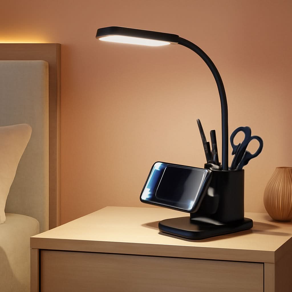 Black LED desk lamp with wireless charger base, pen holder, and flexible gooseneck.