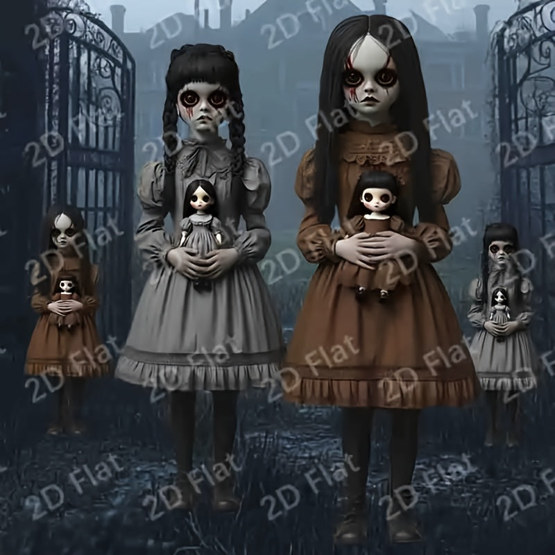 Gothic horror girl yard decor set featuring two spooky 2D flat silhouette dolls on poles — view 2
