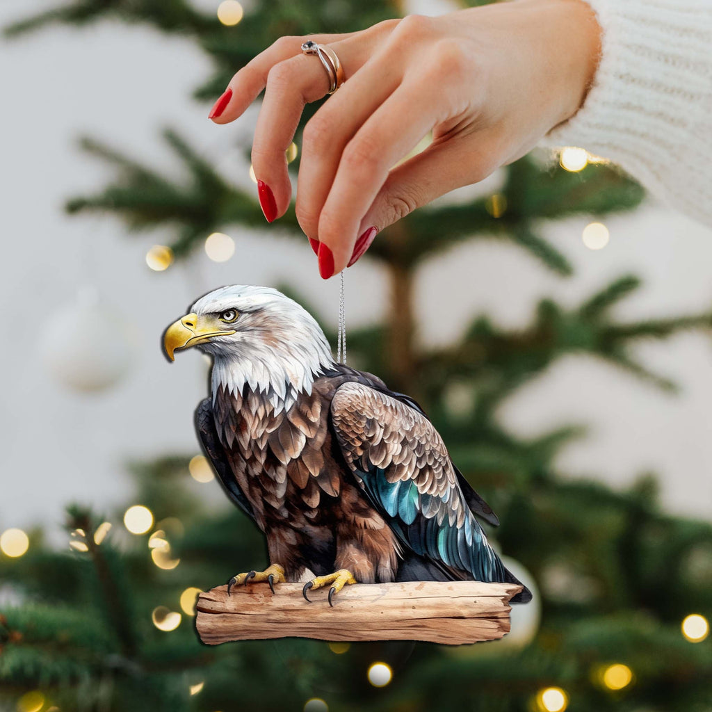 Bald eagle painted on a rustic round birch plywood wooden Christmas holiday ornament — view 5