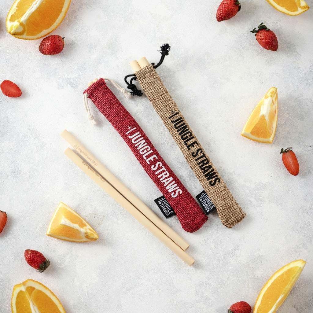 Set of six reusable bamboo drinking straws with a natural jute travel pouch and cleaning — view 5