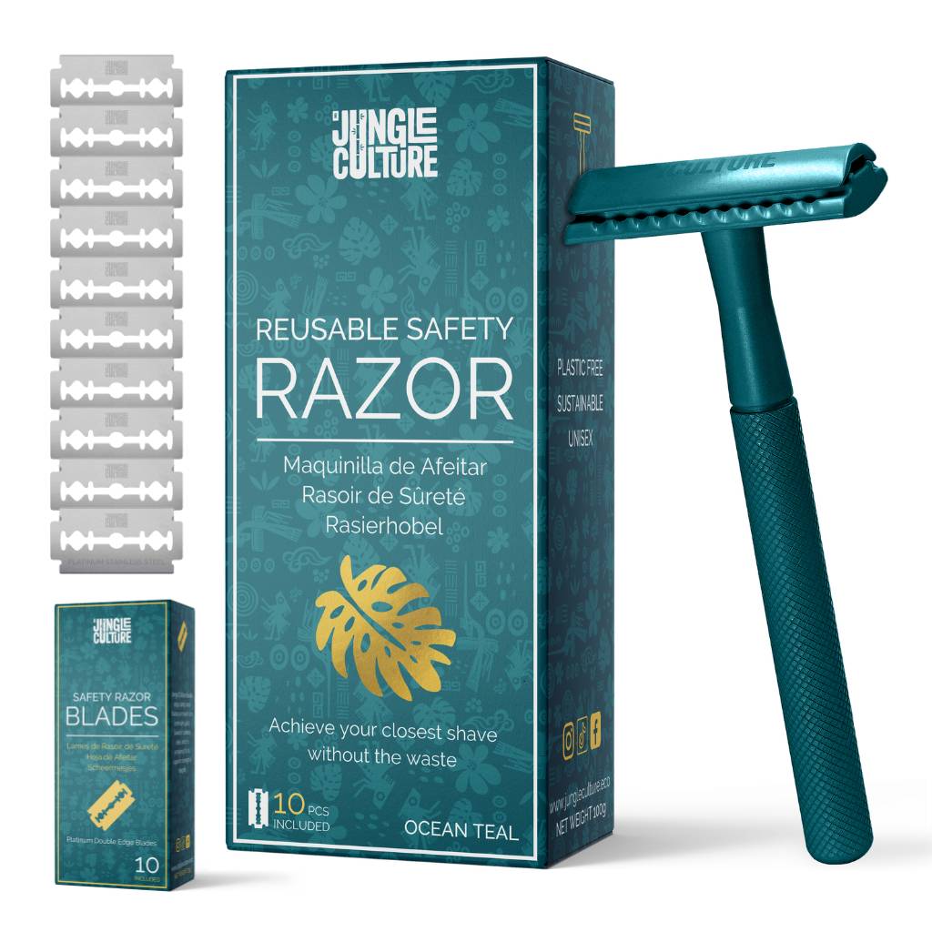 Teal reusable double edge safety razor with long chrome handle and colour matched gift box