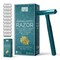 Teal reusable double edge safety razor with long chrome handle and colour matched gift box