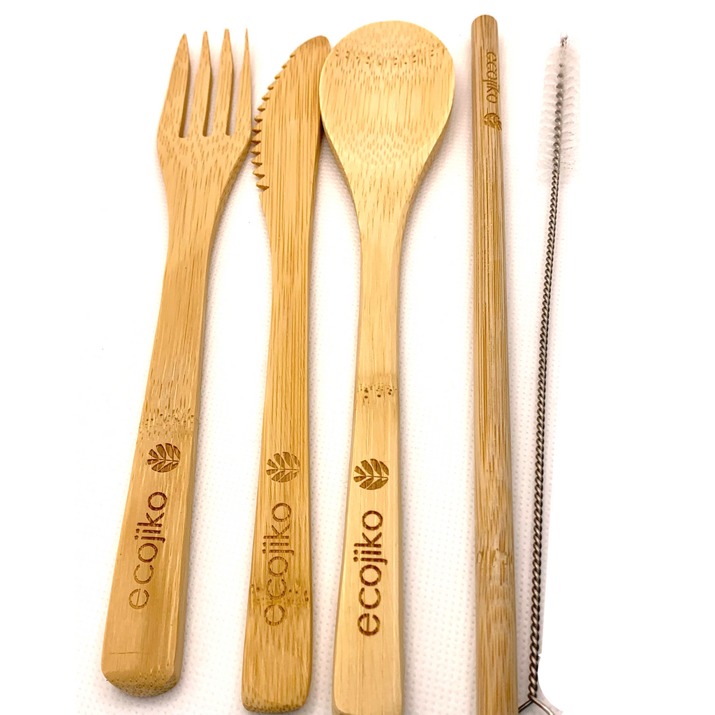 Reusable bamboo travel cutlery set with fork knife spoon straw brush and textured jute bag — view 4