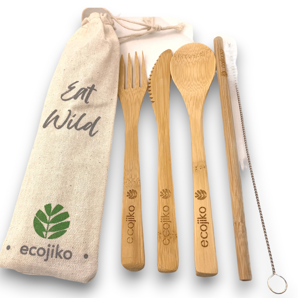 Reusable bamboo travel cutlery set with fork knife spoon straw brush and textured jute bag