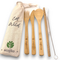 Reusable bamboo travel cutlery set with fork knife spoon straw brush and textured jute bag