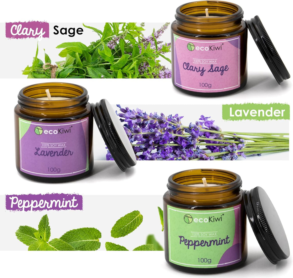 Scented soy candle trio in amber glass jars with lavender peppermint and clary sage essential oils