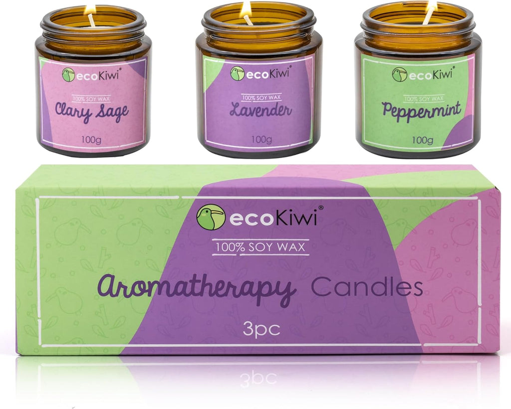 Scented soy candle trio in amber glass jars with lavender peppermint and clary sage essential oils — view 2