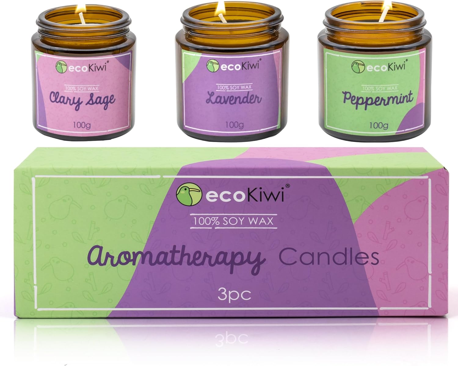 Scented soy candle trio in amber glass jars with lavender peppermint and clary sage essential oils — view 2