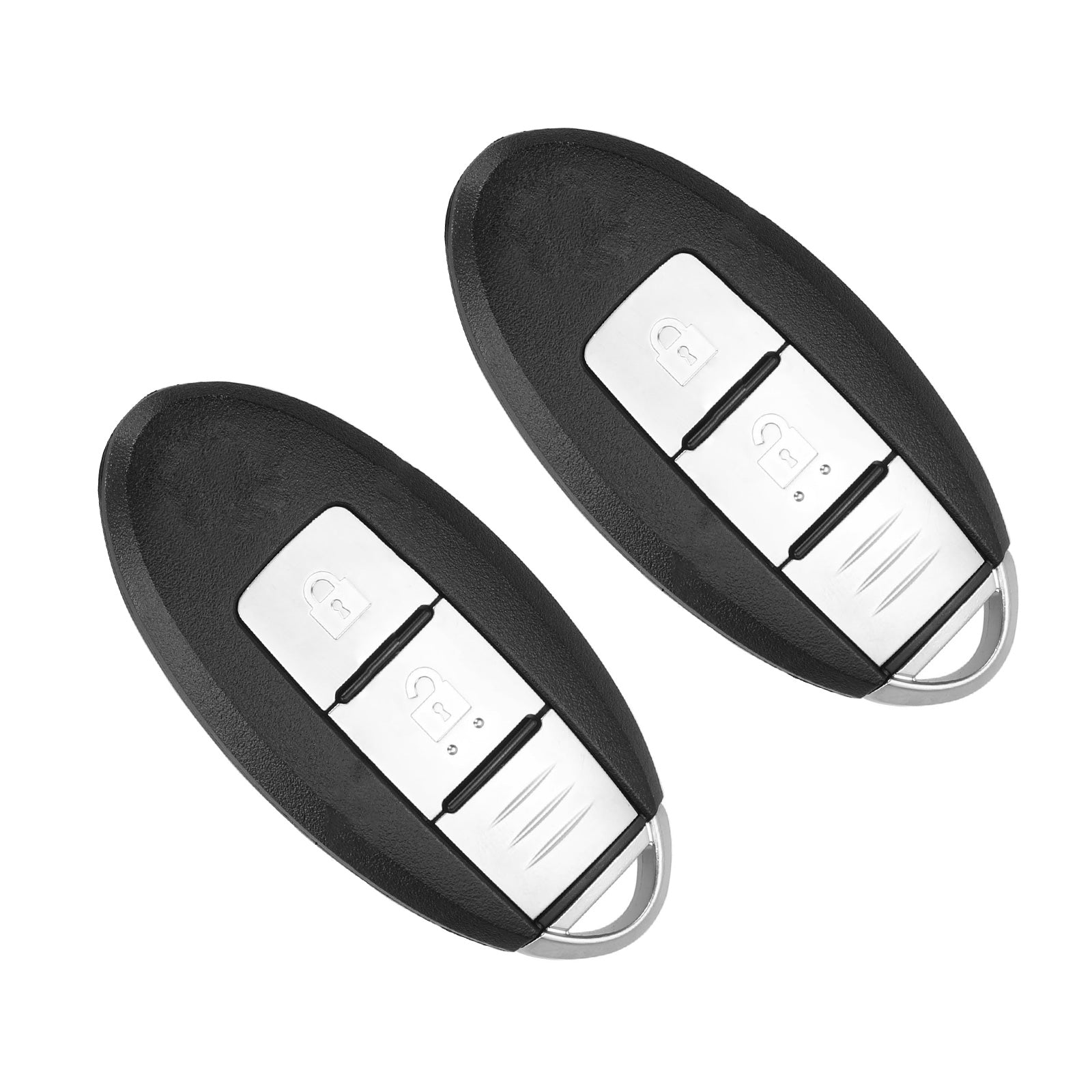 Two black smart remote key fobs with uncut blades and two lock unlock buttons