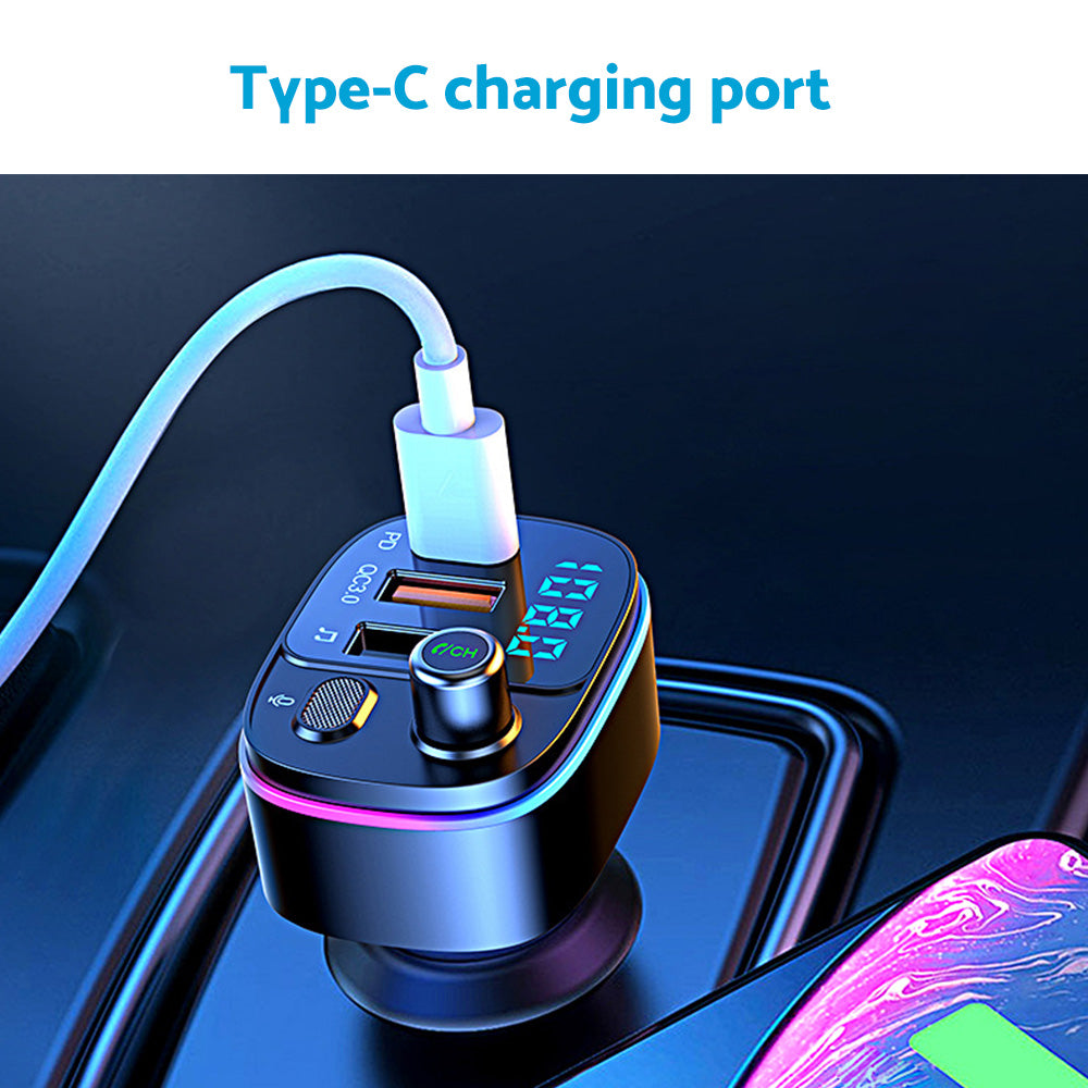 Black wireless Bluetooth FM transmitter car adapter with digital display and LED ring light. — view 3