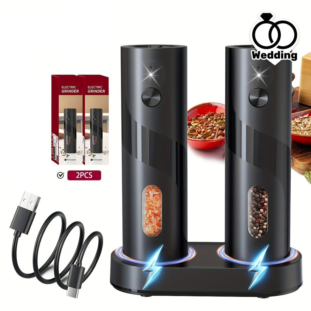 Electric salt and pepper grinder set in modern black ABS plastic with USB charging base. — view 2